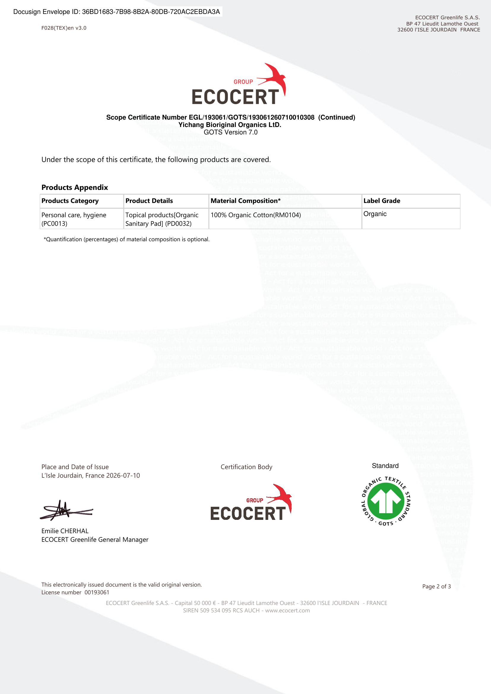 GOTS 范围证书产品附表原件（证书第 2 页，ECOCERT 签发，许可号 193061）：产品类别 Personal care, hygiene（PC0013）、产品 Organic Sanitary Pad（PD0032）、材料成分 100% Organic Cotton（RM0104）、标签等级 Organic